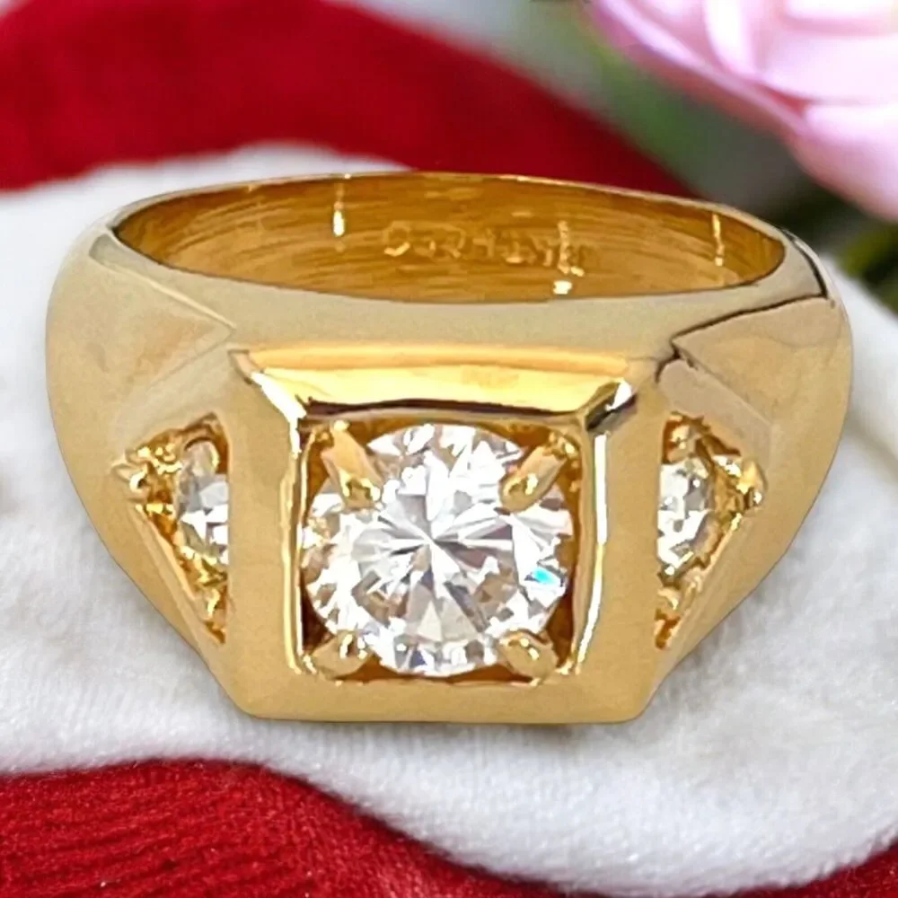 Vintage 1970s Ring Size 13 CZ Square Prong Set Gold Plated Band - 14O